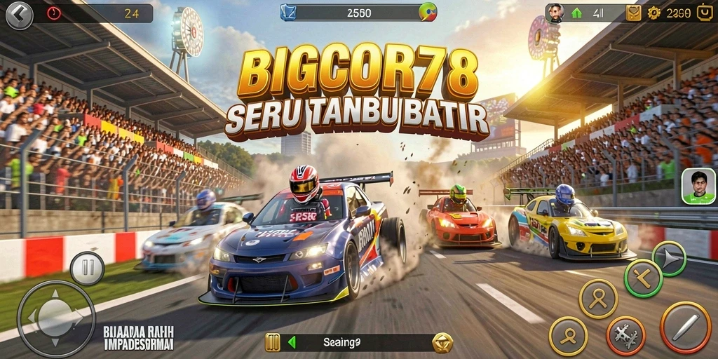 Screenshot menunjukkan aksi balapan seru dalam BIGCOR78.