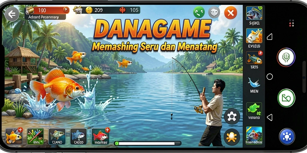 Screenshot gameplay DANAGAME yang menunjukkan pengalaman memancing yang seru.
