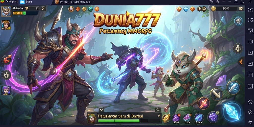 Tangkapan layar utama DUNIA777 menampilkan aksi pertempuran seru di dunia MMORPG.