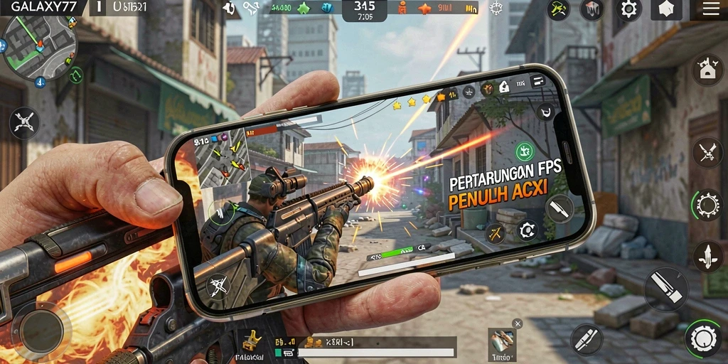 Tampilan gameplay menegangkan dari GALAXY77 dengan aksi FPS.