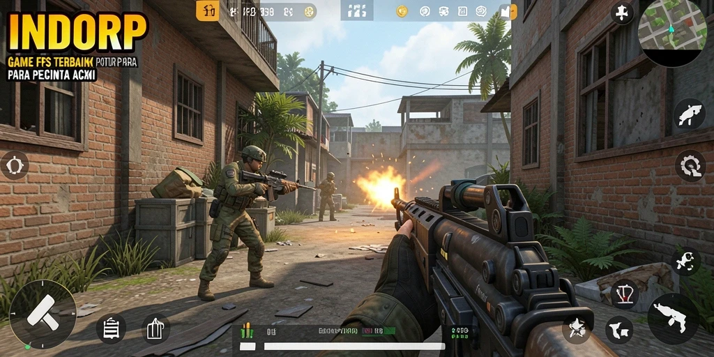 Screenshot utama INDORP menampilkan aksi intens dalam permainan FPS.
