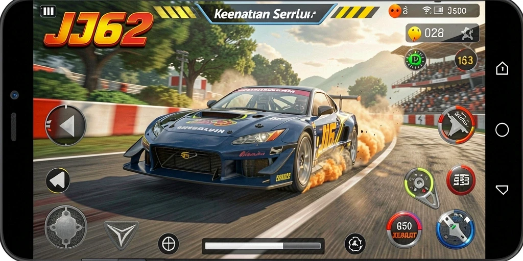 Tampilan screenshot utama JJ62 menunjukkan aksi balapan yang mendebarkan.