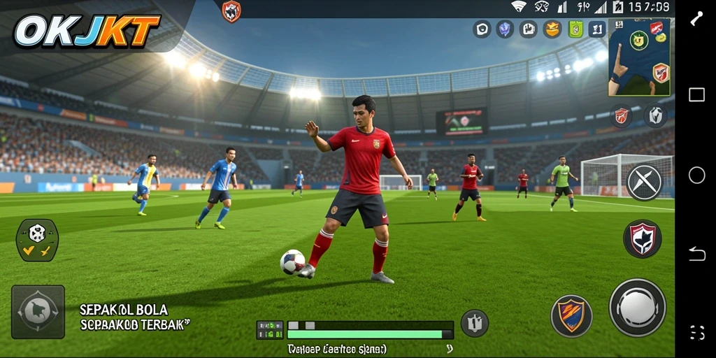 Tampilan gameplay yang seru dalam OKJKT dengan aksi sepak bola yang menegangkan.