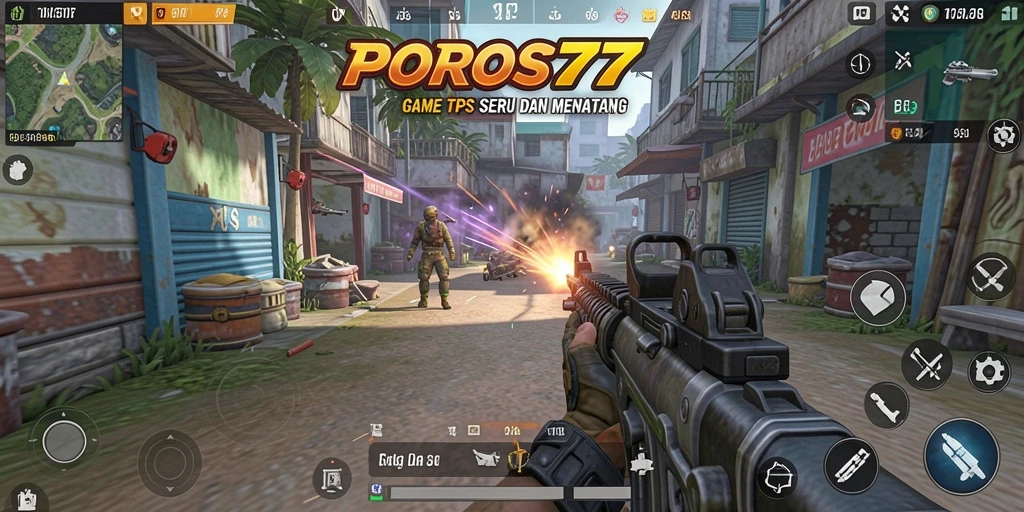Tangkapan layar gameplay intens dari POROS77 yang menonjolkan aksi TPS.