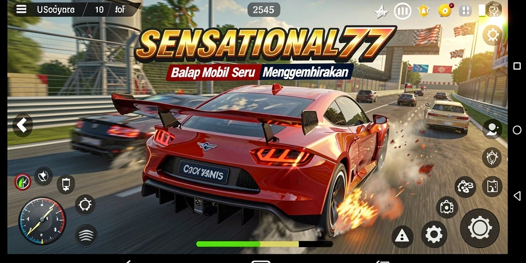Gameplay Racing yang mendebarkan di SENSATIONAL77 dengan mobil balap cepat.