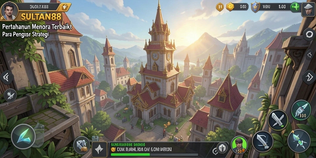 Gameplay intens SULTAN88 dengan menara dan gelombang musuh.