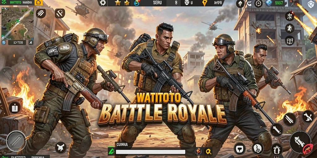 Tampilan seru pertempuran di WATITOTO dengan gameplay Battle Royale.