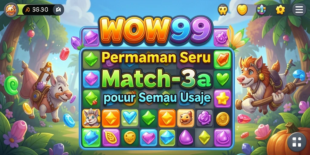 Screenshot WOW99 menunjukkan gameplay mencocokkan item yang menarik dan penuh warna.